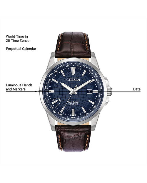 Citizen eco drive world time leather strap best sale